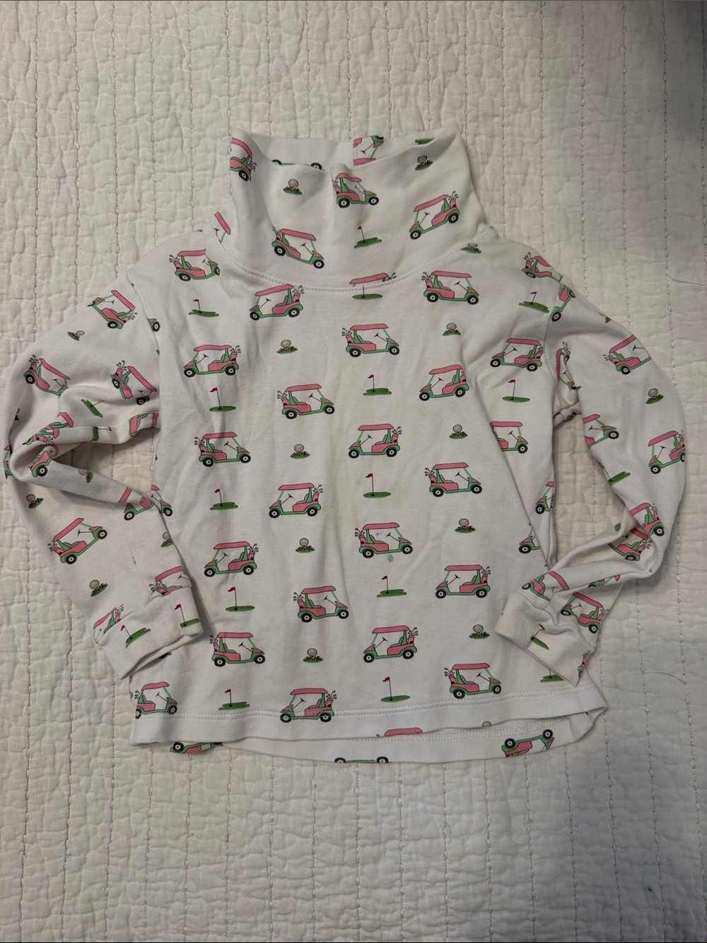 Girls' White Turtleneck Top with Pink Golf Cart Print